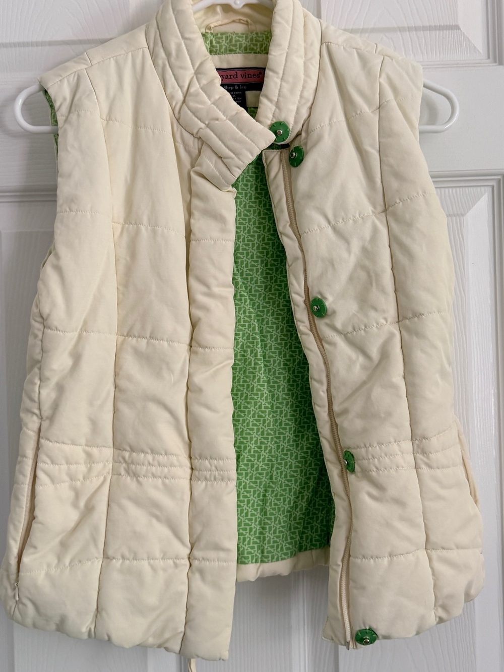 Vineyard Vines Ivory Quilted Vest with Green Accents